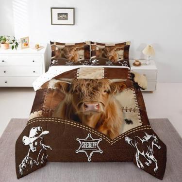 Imagem de Manfei Conjunto de edredom solteiro Highland Cattle com estampa abstrata de pele de vaca, 2 peças, edredom com estampa de pele de animal caubói ocidental, decoração de quarto de meninos, 1 fronha, sem