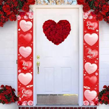 Imagem de AIBIIN Banner de porta de dia dos namorados decoração dia dos namorados pendurado varanda sinal de boas-vindas vermelho rosa búfalo xadrez amor coração bandeira romântica para a porta de casa