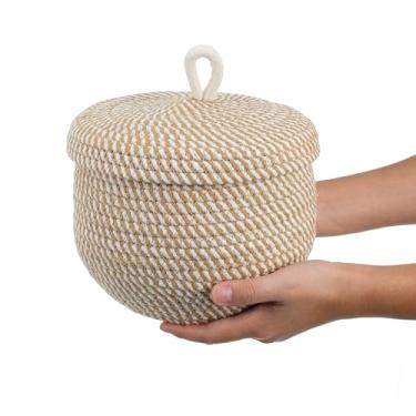 Imagem de Zerodeko Cesta de armazenamento redonda com tampa, cesta de algodão com tampa para organização, decoração para mesa, quarto e sala de estar – pequena caixa de armazenamento para itens domésticos