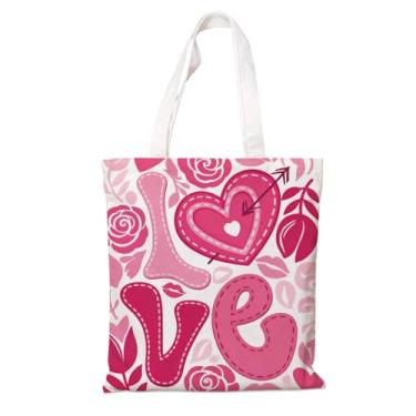 Imagem de Sacola de lona – Bolsa reutilizável para compras, letras de amor de retalhos rosa com padrão de folhas dos namorados, livro de lona branca e bolsa de praia, presente doce para ela