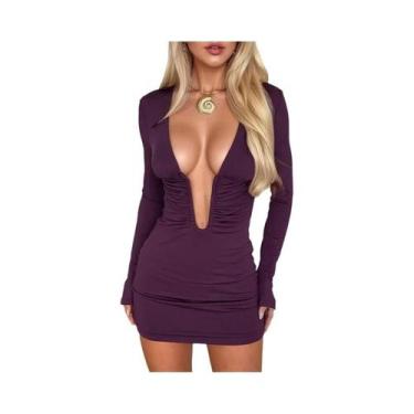 Imagem de Vestido Mini Sexy Feminino Com Decote Em V Profundo E Mangas Longas, C