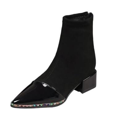 Imagem de Botas femininas casuais de bico fino, salto grosso, zíper nas costas, ajuste justo para uso versátil no inverno, Preto, 36