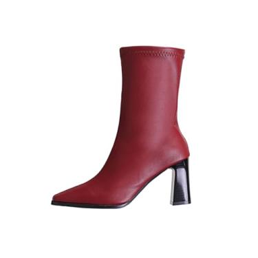 Imagem de Botas femininas casuais de inverno confortáveis plus size curtas retas com bico liso no meio da panturrilha, para clima frio, Vinho vinho, 35