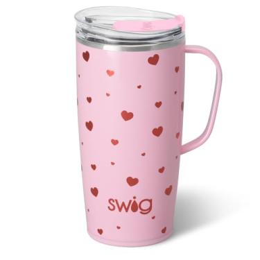 Imagem de Swig Life Caneca de viagem de 623 g, copo isolado com alça e tampa, caneca de café de viagem, compatível com porta-copos, copo de aço inoxidável de 623 g, reutilizável isolado com tampa (namorados)