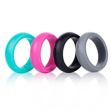 Imagem de 4 peças de alianças de casamento de silicone esportivas confortáveis de superfície redonda para mulheres, duráveis e versáteis - Perfeito para uso diário, combine com suas roupas, anéis de amor