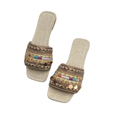 Imagem de GORGLITTER Sandália feminina bordada Boho colorida borla trançada quadrada aberta sandália rasteira sapatos de verão férias, Marrom, 36