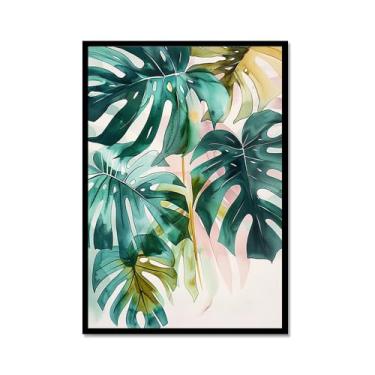 Imagem de Arte de parede de folhas tropicais – Impressão de folha de palmeira verde aquarela, pôster Monstera, decoração de plantas tropicais modernas para sala de estar em casa (SKU1,40.6x60 cm), moldura de
