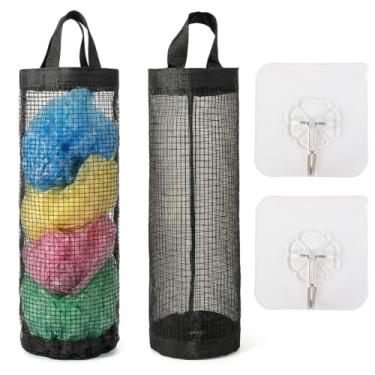 Imagem de Suporte de saco de plástico para sacola de compras de malha pendurada dispensador de saco de armazenamento preto 2 pacotes