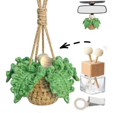 Imagem de LEZIEBIRE Aromatizador de ar de carro de crochê feito à mão - ornamento para pendurar em carro, planta boho de malha para decoração, com garrafa difusor de óleo recarregável vazia de 8 ml, acessórios