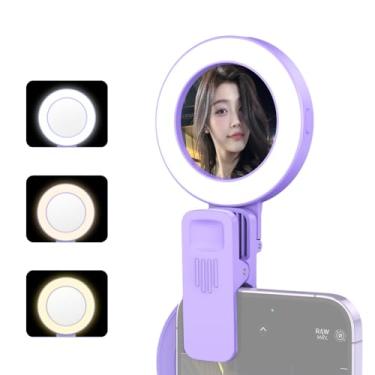 Imagem de Anel de Luz para Selfie Clip-on Celular com Espelho 3 Modos Níveis Brilho Rotativo 180 Bateria Integrada Preenchimento Portátil Videochamada Vlog Transmissão ao Maquiagem