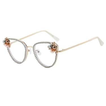 Imagem de HPIRME Óculos de lentes transparentes femininos, armação de pérolas, luxo, metal (transparente)