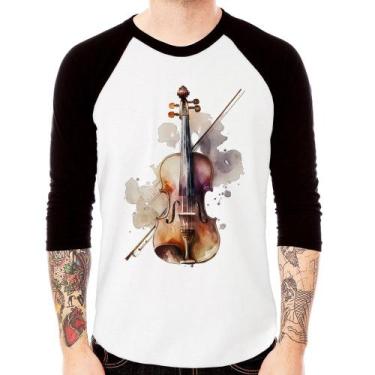 Imagem de Camiseta Raglan Violino Manga 3/4 - Foca na Moda, Branco, Preto, GG