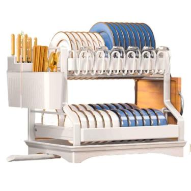 Imagem de Prateleira de canto expansível – Rack giratório de armazenamento para armário de cozinha, escorredor e escorredor de pratos de 2 camadas com bandeja coletora, suporte de talheres sobre a pia e bico