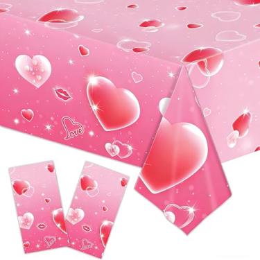 Imagem de MEILINJIAN 2 peças de toalha de mesa de plástico para o dia dos namorados, toalha de mesa descartável, rosa, coração, retangular, para decoração de festa de casamento no dia dos namorados, 137 x 272