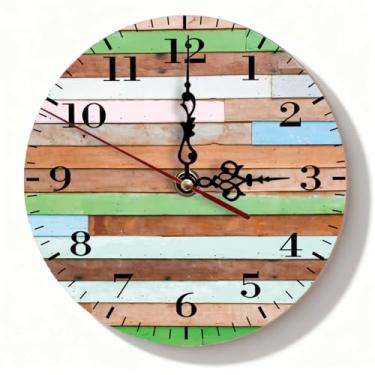Imagem de Relógio de parede de madeira envelhecida multicolorido de retalhos - Decoração rústica silenciosa sem tique-taque para escritório em casa - Relógio com detalhes de fazenda - 19 cm