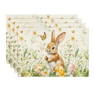 Imagem de Artoid Mode Jogo americano de coelho, coelho, borboleta, ovos, flores, Páscoa, conjunto com 4, 30,5 x 45,7 cm, tapetes de mesa sazonais para festas, cozinha, decoração de jantar