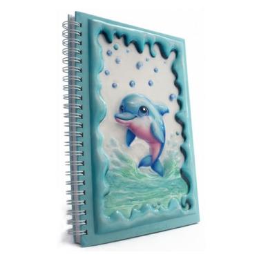 Imagem de omatek smart technologies Caderno espiral A5 – Caderno espiral fofo de capa dura com capa brilhante 3D, 80 folhas – Caderno escolar para crianças, meninas e meninos, caderno de presente – Golfinho