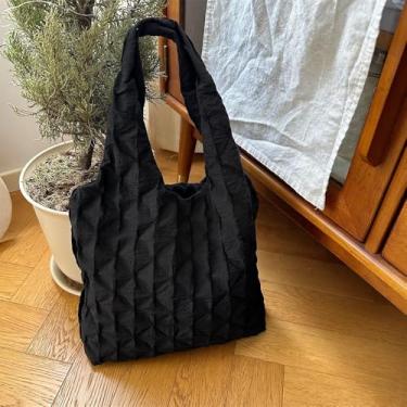 Imagem de Sacola xadrez com detalhes texturizados, bolsa de ombro espaçosa para uso diário, bolsa feminina, Preto, Bolsas de mão