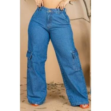 Imagem de Calça Jeans Feminina Cargo Plus Size Cintura Alta