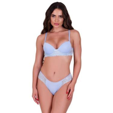 Imagem de Conjunto de Lingerie Sutiã com Bojo e Calcinha de Renda Gisele, Azul, 