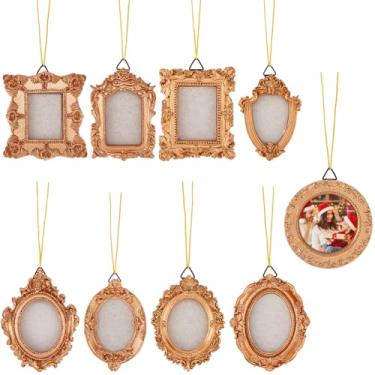 Imagem de DICOSMETIC Mini porta-retratos vintage para pendurar, 9 peças, enfeites de resina retangular oval com corda dourada para exibição de fotos, decoração de casa, decoração de casamento, decoração de