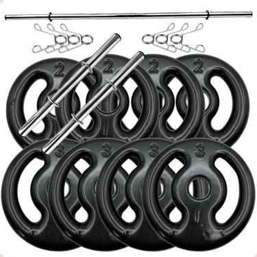 Imagem de Kit Anilhas Emborrachadas Preta 20 Kg + Barras com Presilhas-Unissex