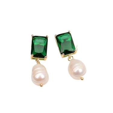 Imagem de DWBPGVUN Brincos de cristal verde de arroz branco cultivado banhados a ouro amarelo fofos para mulheres