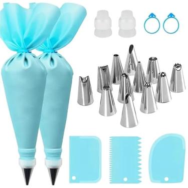 Imagem de Conjunto de 21 sacos de confeitar e pontas com 12 pontas de aço inoxidável, 2 sacos de confeitar reutilizáveis, 2 acopladores, 3 raspadores e 2 anéis de silicone, kit de ferramentas de decoração de