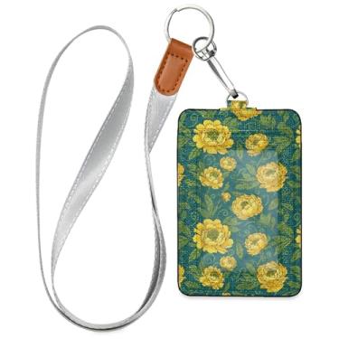 Imagem de Burbuja Porta-crachá de couro com cordão, etiqueta de identificação de flores amarelas com 1 janela transparente para identidade e 2 compartimentos para cartão para escritório, enfermeira, professor