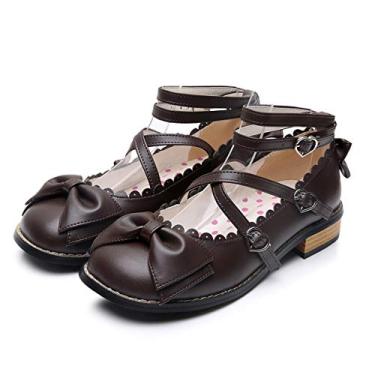 Imagem de Sapatos de princesa com tiras de laço e bico redondo e salto baixo grosso japonês Sweet Lolita, Marrom, 9