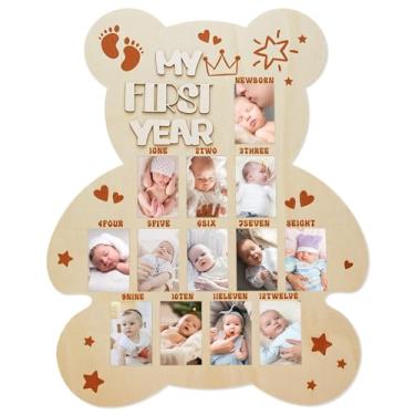 Imagem de Apeso Quadro de madeira para exibição de fotos My First Year – Porta-retrato de 12 meses para o primeiro aniversário do bebê – Presente de decoração de berçário para meninos e meninas (moldura de urso