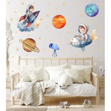 Imagem de adesivo de parede meninos astronautas bebê aquarela planetas luneta es