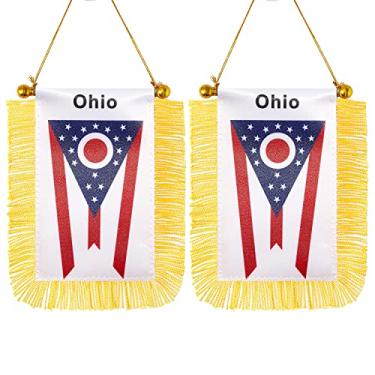 Imagem de CANTENDO Pacote com 2 bandeiras americanas de Ohio para pendurar janela, mini bandeira de carro do estado de Ohio dos EUA com haste borla ventosa decoração de espelho retrovisor (7 x 12 cm)