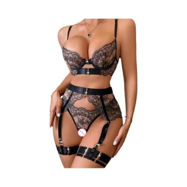 Imagem de Conjunto De Lingerie Com Bordado De Flores Pretas 4 Peças Sutiã Transp