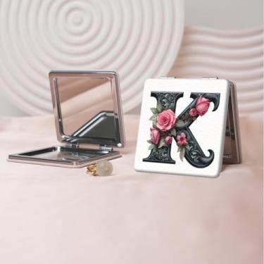 Imagem de Espelho de maquiagem portátil de couro PU retrô europeu com letras florais, mini espelho dobrável de mão dupla face, quadrado para retoque, presente ideal para todas as ocasiões