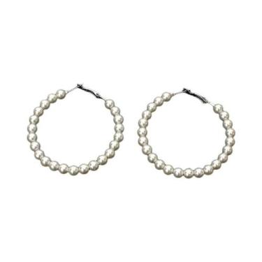 Imagem de Brincos De Argola Com Pérolas Imitadas Em Ouro E Prata, 3 Tamanhos, Re