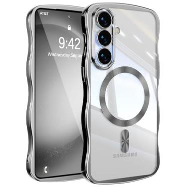 Imagem de UEEBAI Capa para Samsung Galaxy S25 Plus, linda capa magnética de celular com moldura ondulada compatível com Magsafe, capa de telefone galvanizada macia para mulheres e meninas - prata