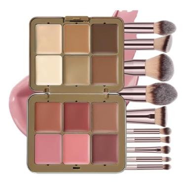 Imagem de JasCherry Conjunto de paleta de maquiagem e pincel de 12 cores, sombra, blush, iluminador, kit de contorno com 10 pincéis dourados champanhe, sem crueldade, vegano, adequado para viagens, para
