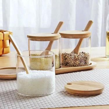 Imagem de Conjunto 3 Porta Condimentos Vidro E Bambu Com Colher - Ravi Presentes