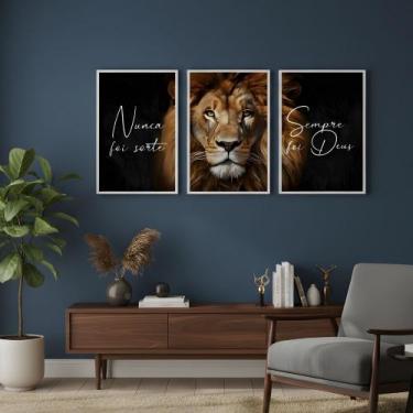 Imagem de Kit 3 Quadros Leão Nunca Foi Sorte Sempre Foi Deus Moldura Cor da Mold