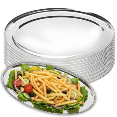 Imagem de Kit 10 Travessas Oval Rasa Aço Inox 30cm Para Servir Alimentos Porções
