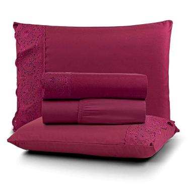 Imagem de Jogo De Lençol Nobre Casal 4 Peças Micropercal 200 Fios Bordado Inglês Fino - Bordo - 100% Poliéster
