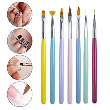 Imagem de Kit 7 Pincéis Unhas Nail Art Ponta Fina Leque Língua de Gato Manicure 