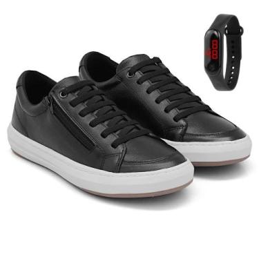 Imagem de Kit Sapatênis Masculino Casual Zíper Lateral Sola Alta De Couro + Reló