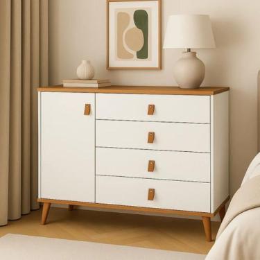 Imagem de Cômoda Decor Bebê Infantil Juvenil Quarto 4 Gavetas 1 Porta Retrô Pés 