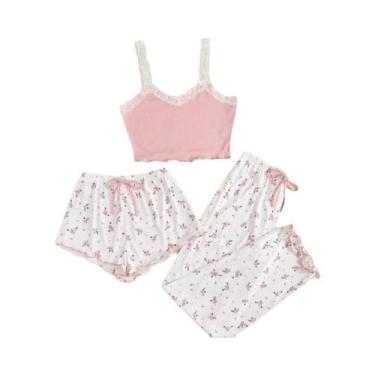 Imagem de Conjunto De Pijama Feminino Rosa Com Renda E Decote V, Camisola Sexy, 