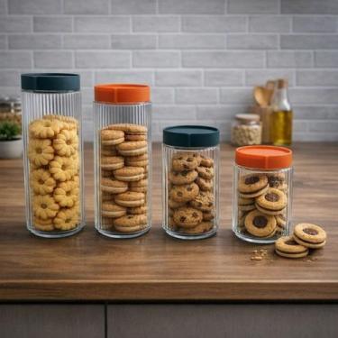 Imagem de Conjunto 4 Potes Armazenar Alimentos Conserva Vasilhas Tampa Recipient