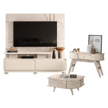 Imagem de Estante Home Theater New Apolo com Pés com Aparador Estoril e Mesa de Centro Indianápolis Calacata Off White – Madetec