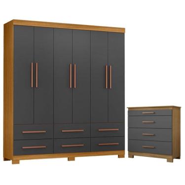 Imagem de Cômoda 4 Gavetas New E Guarda Roupa Casal New Kansas Carvalho Americano Grafite- Incorplac