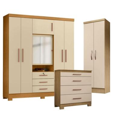 Imagem de Guarda Roupa Casal Imperial Com Cômoda 4 Gavetas New E Multiuso New Egito Carvalho Americano Off White - Incorplac